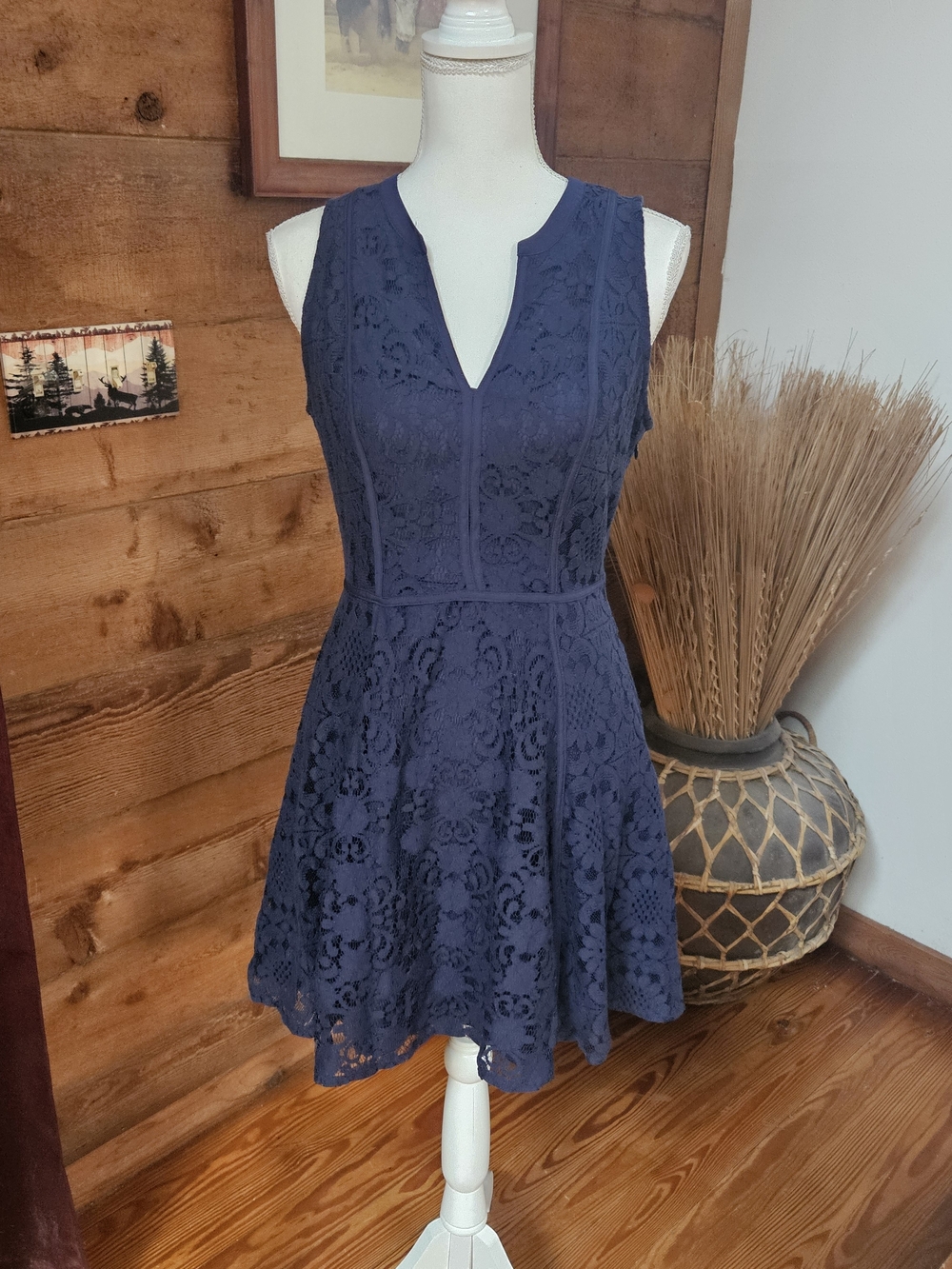 LC Lauren Conrad Navy Lace V-Notch Fit-and-Flare Mini Dress